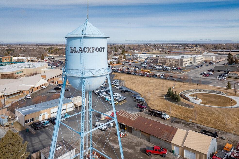 The Blackfoot water tower above downtown Blackfoot, Idaho