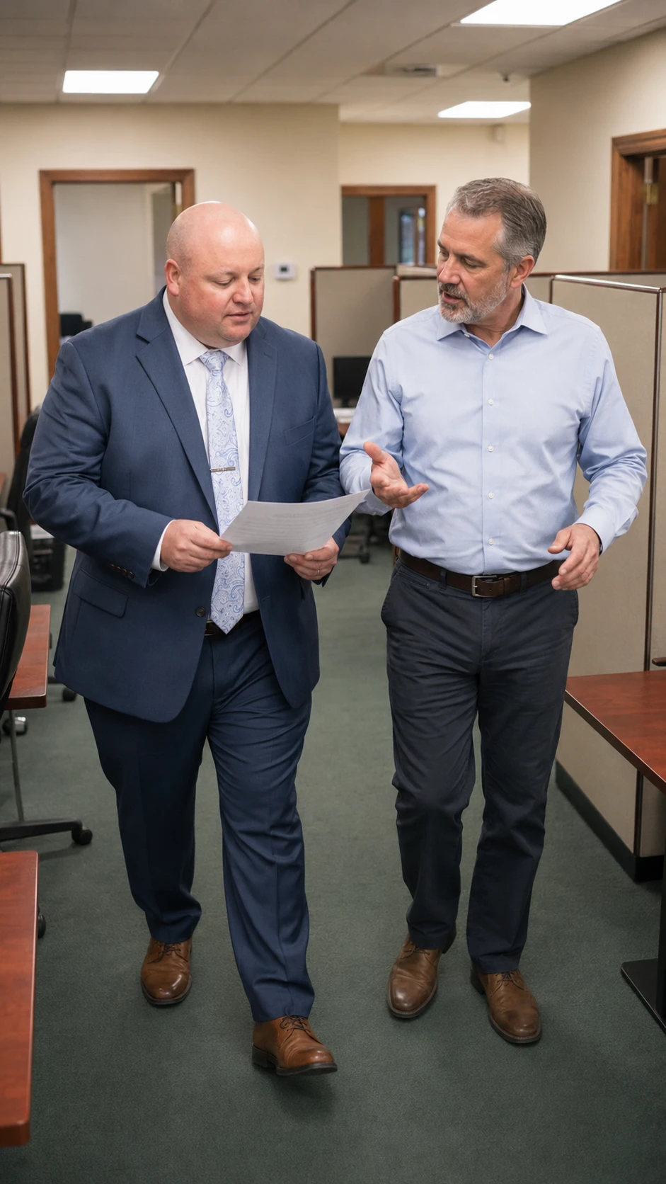Two Cooper Norman advisors talk through a document while walking the office.