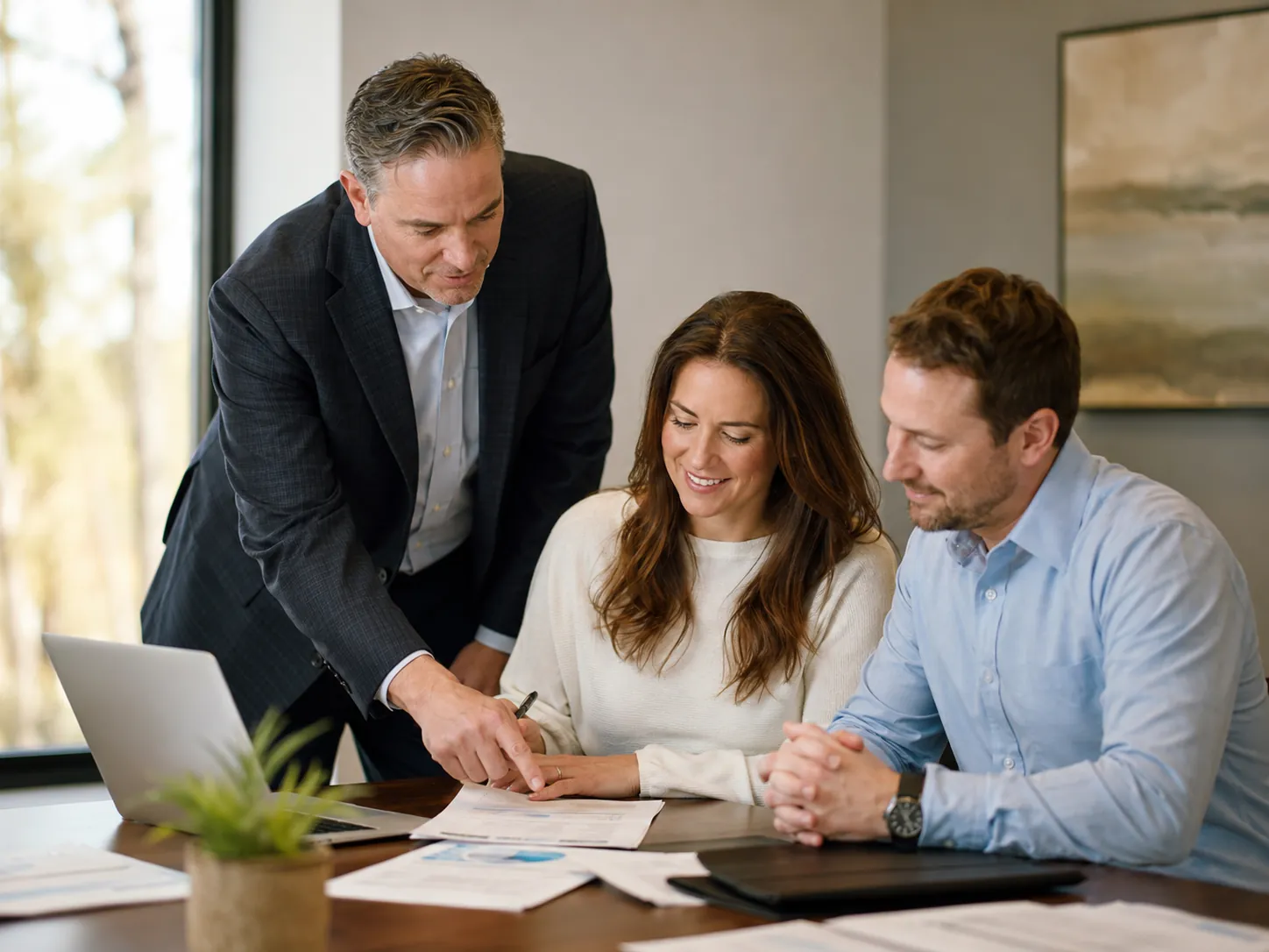 Cooper Norman business advisor reviewing a laptop and financial documents with clients.