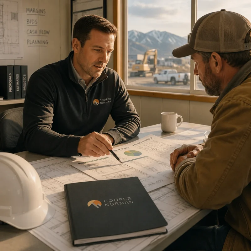 A Cooper Norman advisor reviews job costing reports with a contractor.