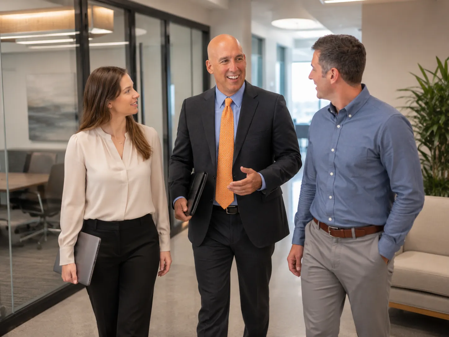 Cooper Norman CPA walking with clients through a professional office.