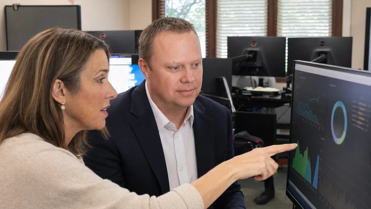 A Cooper Norman advisor and client review financial dashboards on screen.