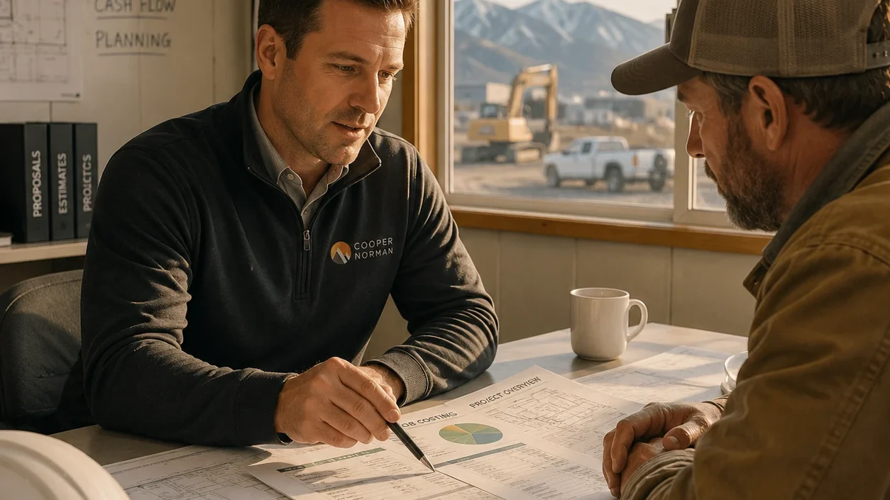 A Cooper Norman advisor reviews job costing reports with a contractor.