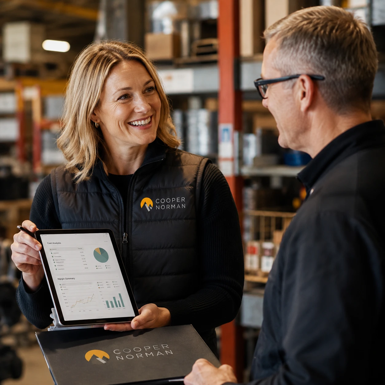 A Cooper Norman advisor shares cost analysis dashboards on a shop floor.