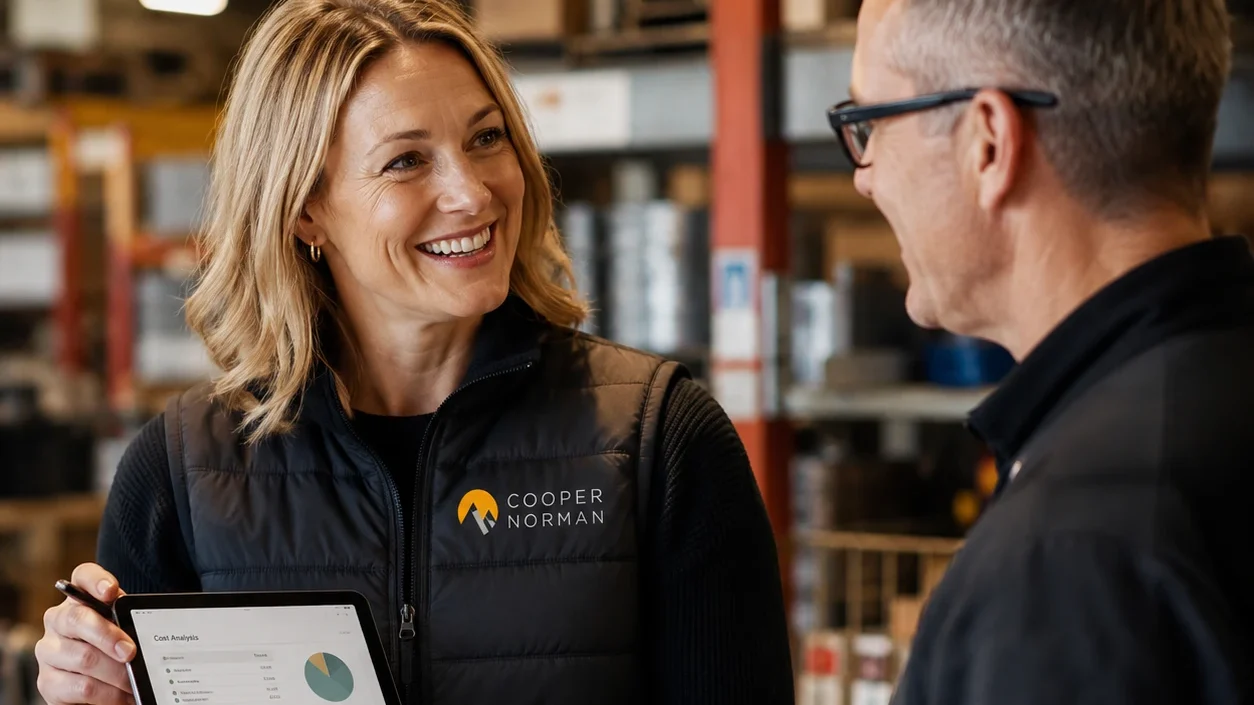 A Cooper Norman advisor shares cost analysis on a shop floor.