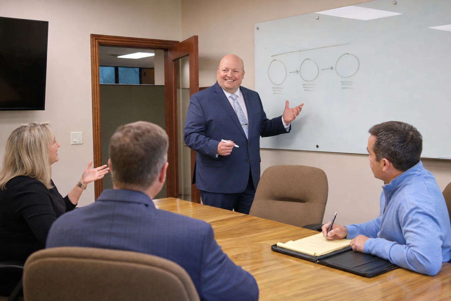 A Cooper Norman advisor maps a plan on the whiteboard for three clients.